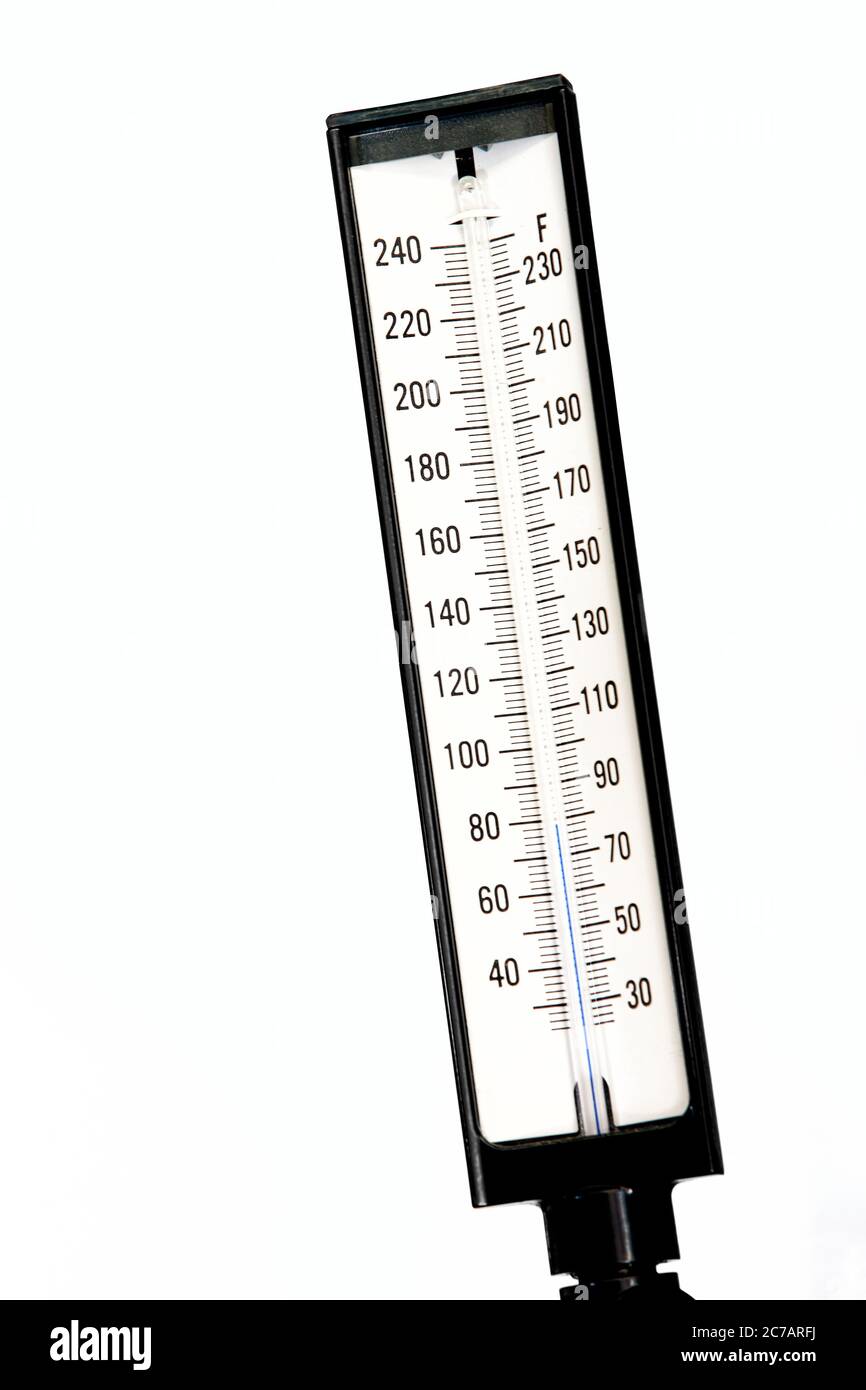 Ein Quecksilberthermometer in einer geothermischen Heizanlage. Stockfoto