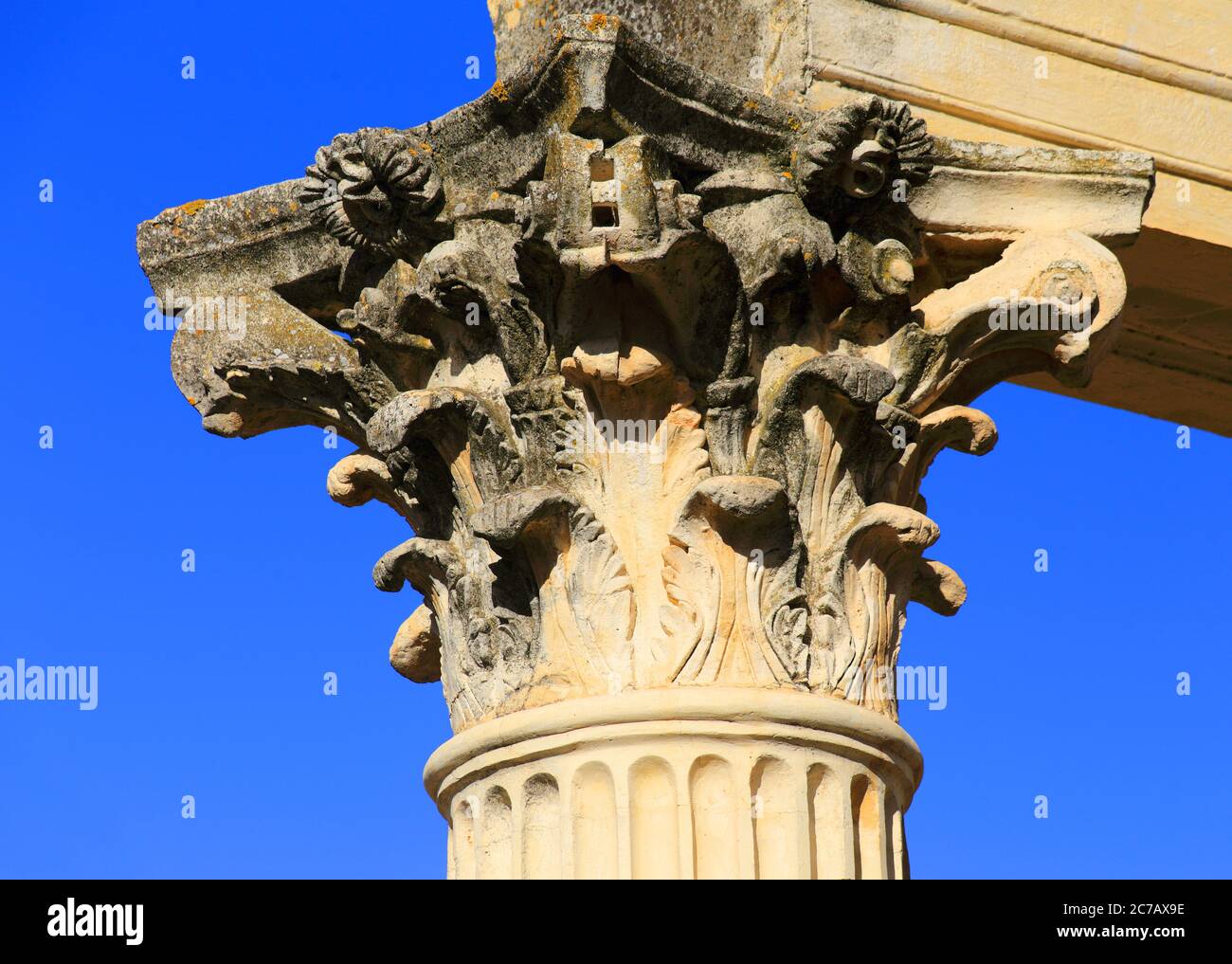 Detail der archäologischen Ruinen des römischen Tempels von Diana - 1BC, Merida, Badajoz, Extremadura, Spanien. UNESCO-Weltkulturerbe. Stockfoto