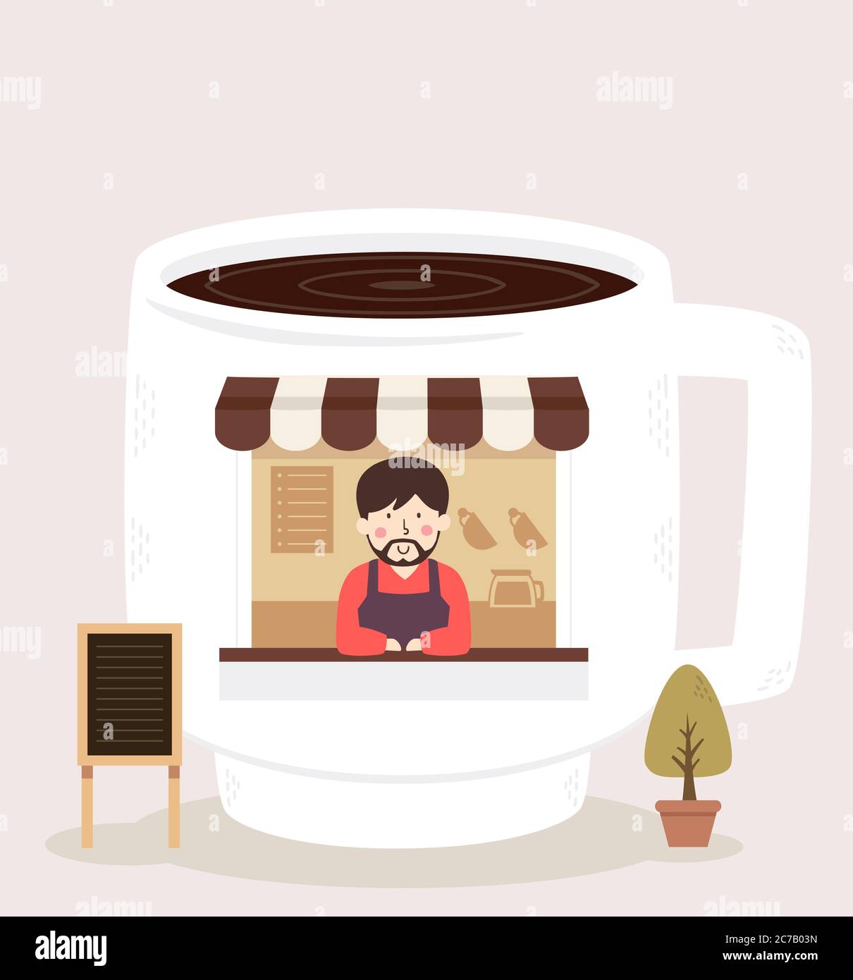 Illustration eines Barista-Mannes in einem Coffee Shop in Form eines Cups Stockfoto