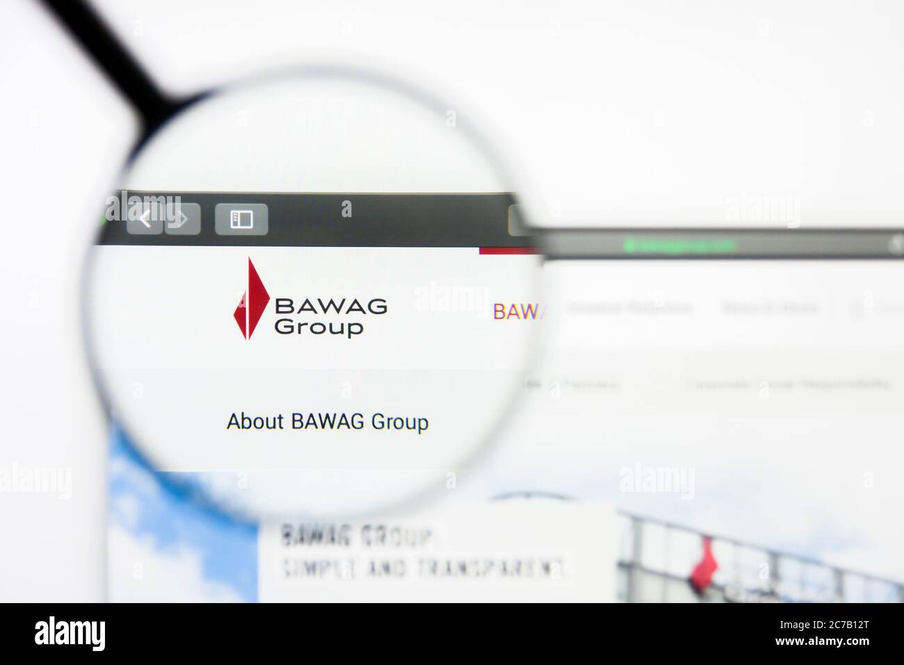 Los Angeles, Kalifornien, USA - 5. April 2019: Illustrative Editorial der Homepage der Bawag Group. BAWAG Group Logo auf dem Display sichtbar. Stockfoto