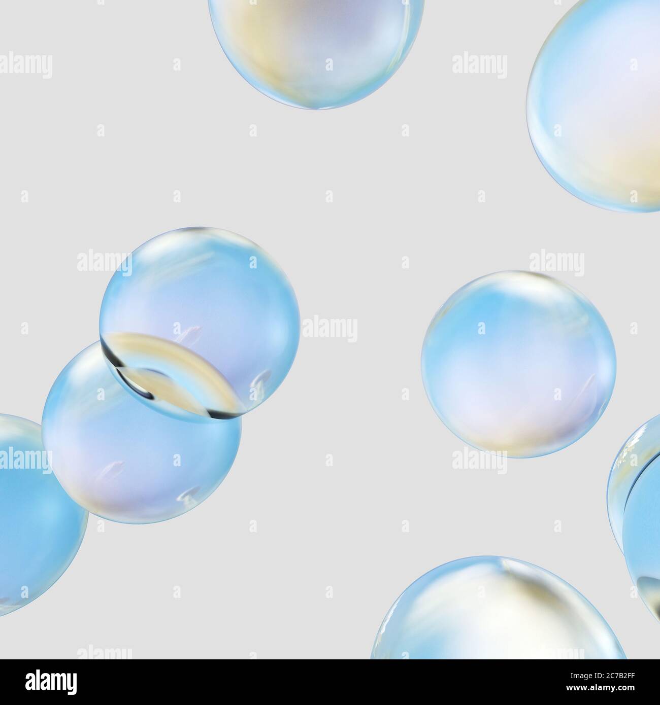 Schwebende Wassertropfen. Hintergrund der schönen Wassertropfen. 3D-Rendering Stockfoto