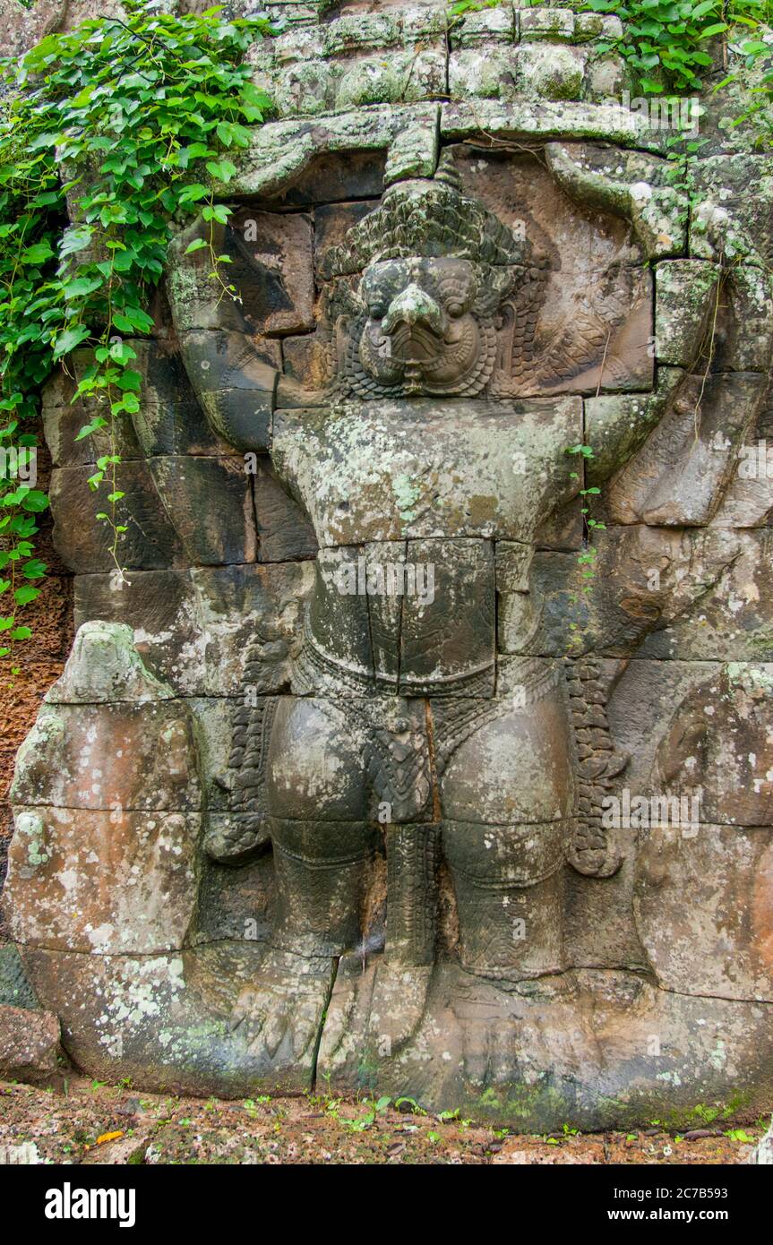 Eine Steinschnitzerei von Garuda, einem großen Fabelvogel, einer vogelähnlichen Kreatur oder einem humanoiden Vogel, der sowohl in der hinduistischen als auch in der buddhistischen Mythologie bei Preah Khan vorkommt Stockfoto