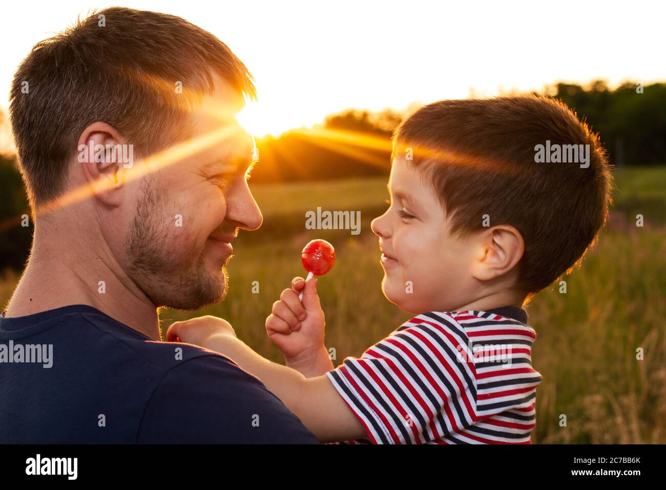 Vater und Sohn gehen abends in einem gelben Sommerfeld bei Sonnenuntergang  spazieren und essen Süßigkeiten auf einem Stock. Vatertag, Liebe in der  Familie, die Rolle des Vaters Stockfotografie - Alamy
