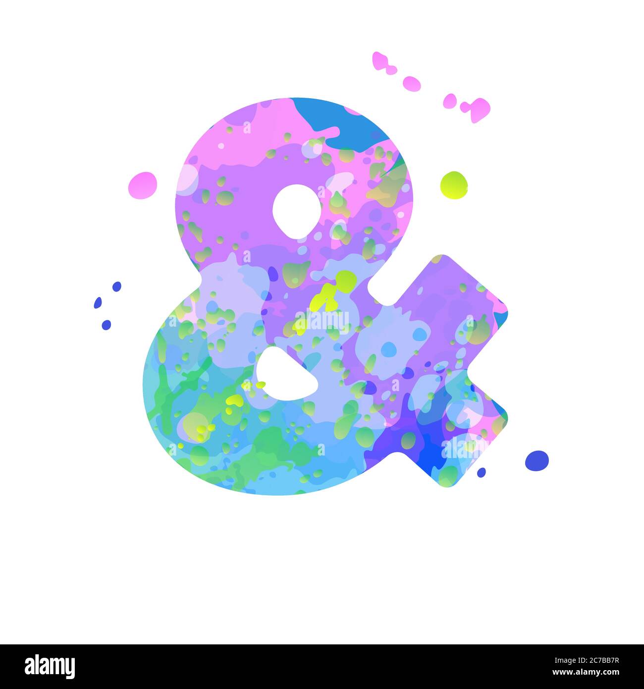 Ampersand mit Wirkung von flüssigen Farbflecken in blau, grün, rosa Farben, isoliert auf weißem Hintergrund. Dekorationselement für die Gestaltung eines Flyers, Plakats, Kalenders, Deckblattes, Titels. Stock Vektor