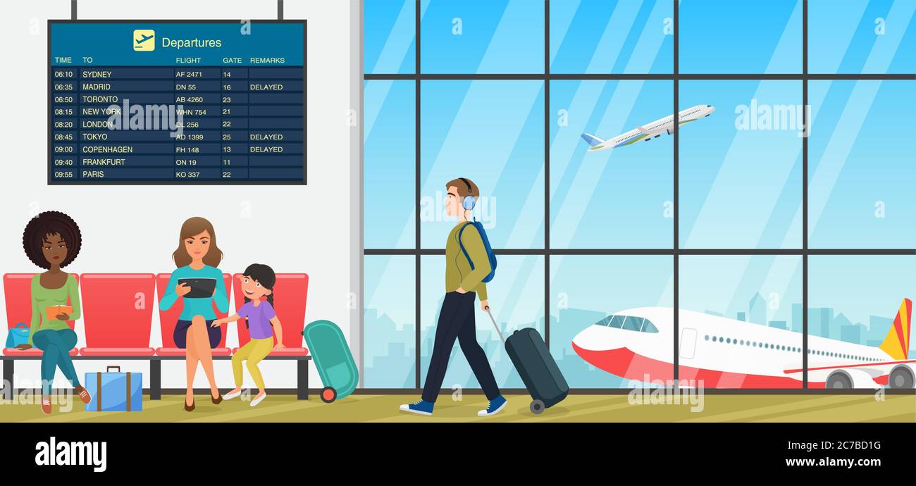 Flughafen-Passagierterminal mit Wartezimmer mit Stühlen und Reisenden. Internationale Ankunft und Abflüge Innenraum flache Vektor-Illustration Stock Vektor
