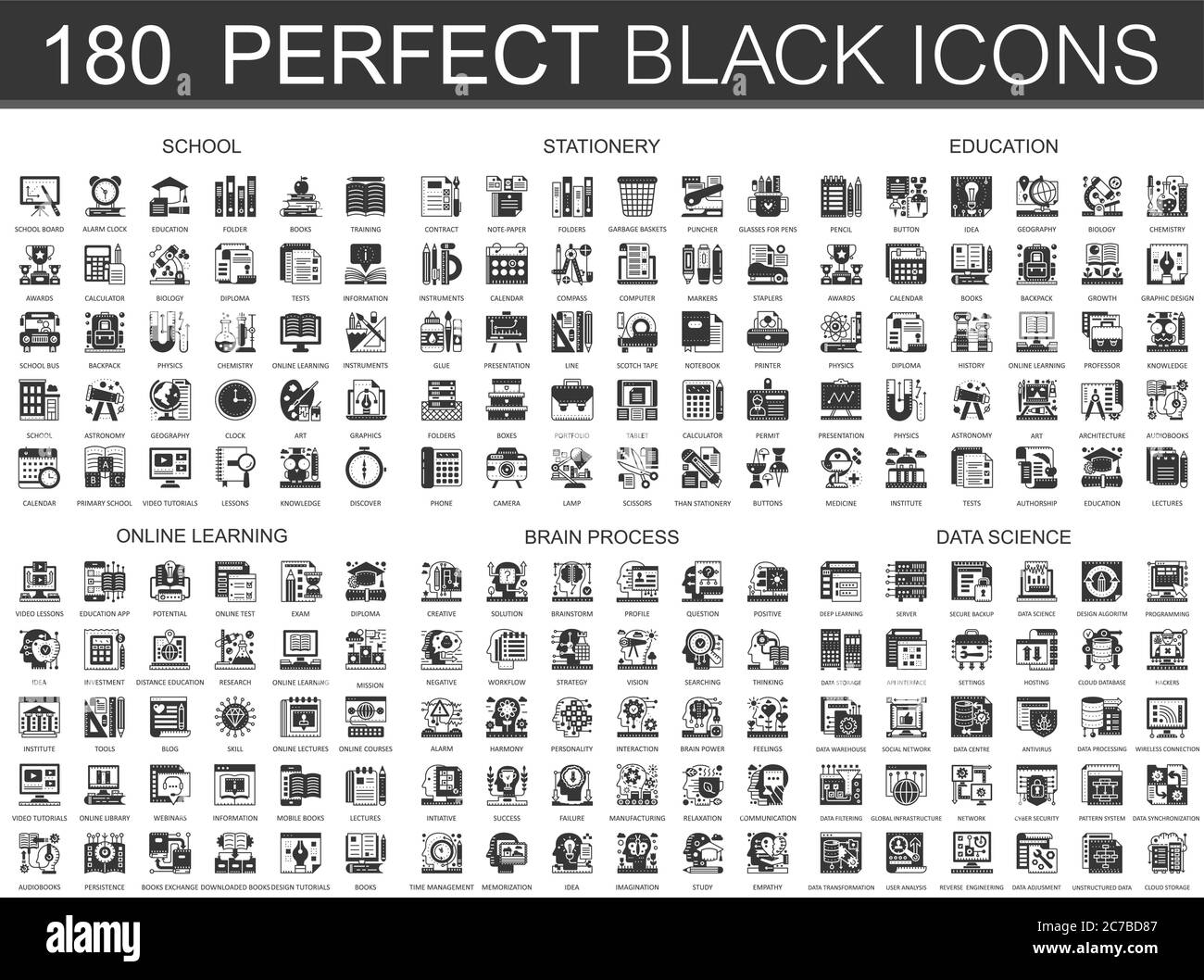 180 Schule, Schreibwaren, Bildung, Online-Lernen, Gehirn-Prozess, Data Science classic black mini Konzept Symbole. Vektor modernes Icon Piktogramm Illustrationen Set Stock Vektor