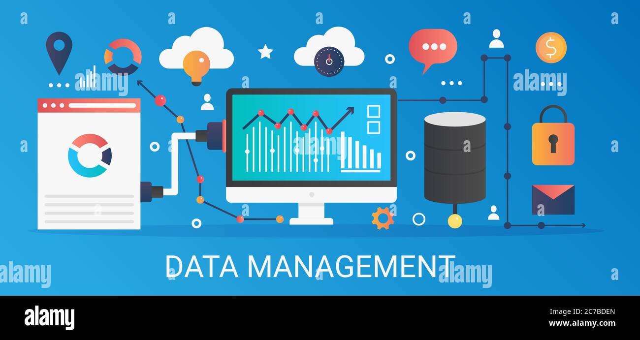 Moderner Vektor-Flat Gradient Datenmanagement-Konzept-Banner mit Symbolen und Text Stock Vektor