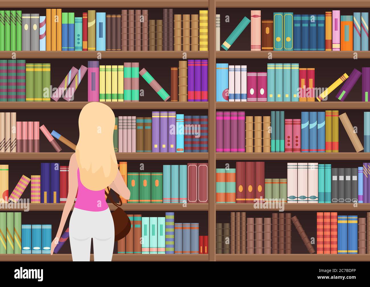 Junge hübsche blonde Frau wählt ein Buch in der Bibliothek. Vektorgrafik Stock Vektor