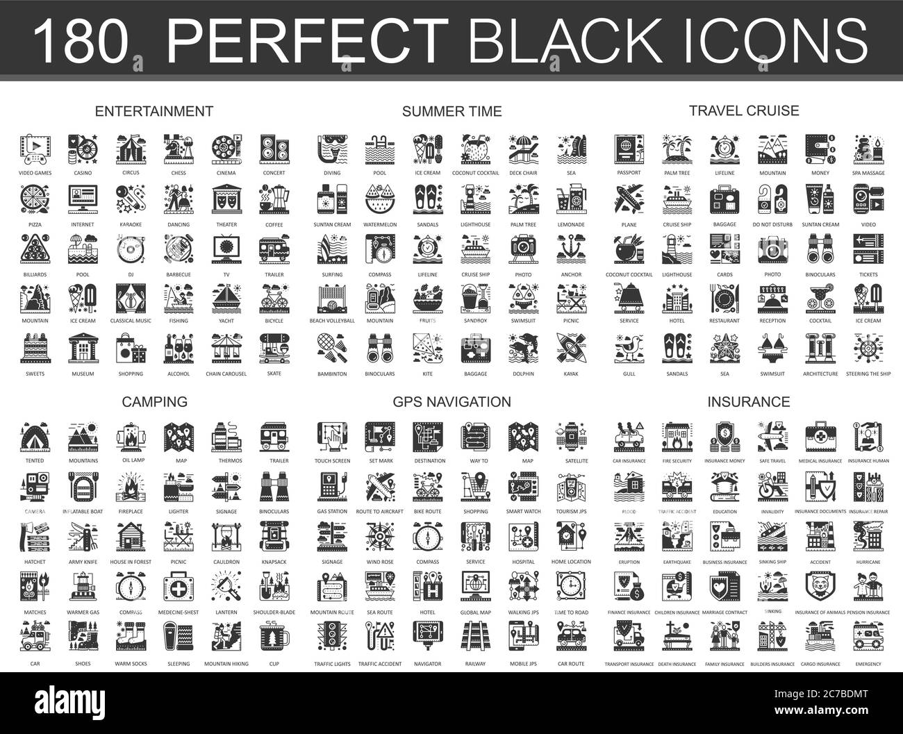 180 Unterhaltung, Sommerzeit, Reise Kreuzfahrt, Camping, gps-Navigation und Versicherung klassische schwarze Mini-Konzept-Symbole. Vektor modernes Icon Piktogramm Illustrationen Set Stock Vektor