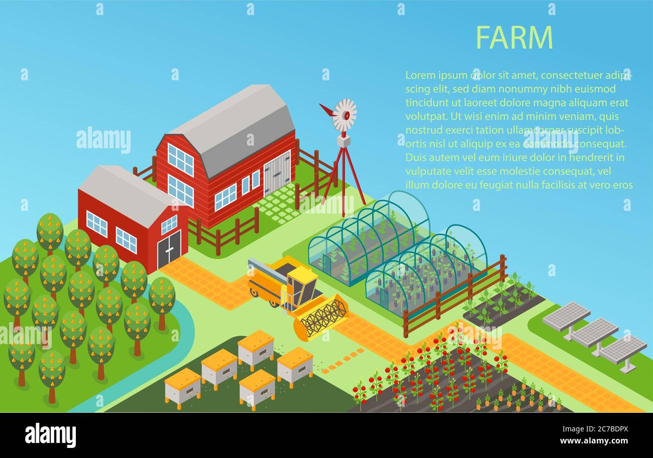Vektor isometrische ländlichen Bauernhof Konzept Hintergrund mit Mühle, Gartenfeld, Bäume, Traktor Mähdrescher, Haus, Windmühle und Lager Stock Vektor