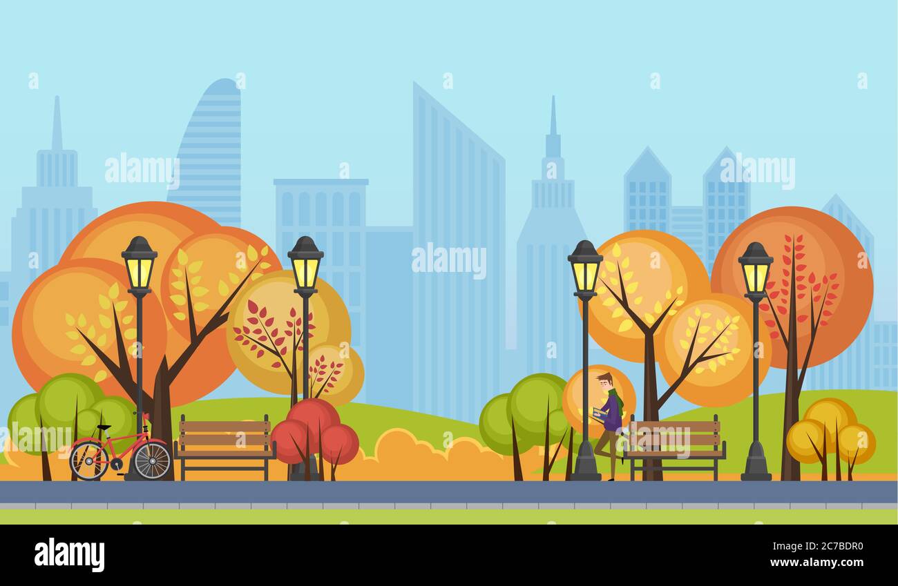 Vektor-Illustration eines schönen Herbst öffentlichen Stadtpark mit Stadt Wolkenkratzer Gebäude Hintergrund Stock Vektor