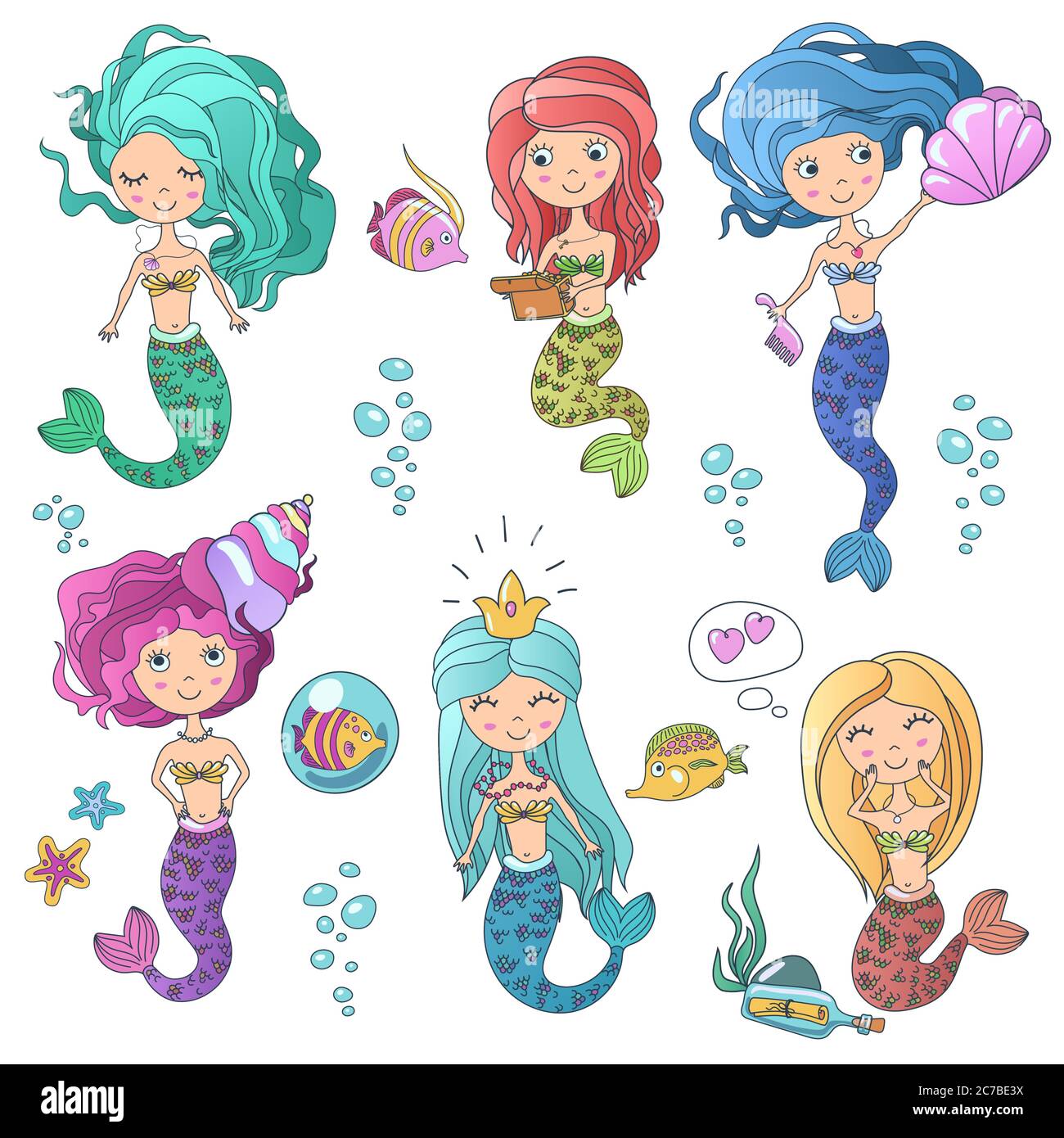 Schone Niedliche Sirenen Meerjungfrauen Set Mit Meer Elemente Sirene Meerjungfrau Farbe Linie Hand Gezeichnet Vektor Illustration Stock Vektorgrafik Alamy