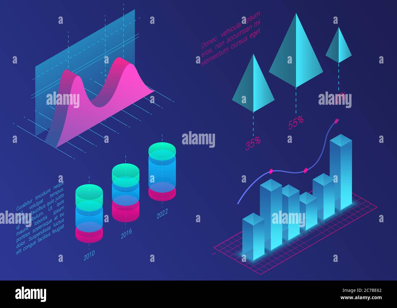 Infografik isometrische Vektorgrafikelemente. Daten- und Geschäftsfinanzdiagramme. Statistische Daten. Vorlage für Präsentation, Verkaufsbanner, Einkommensbericht Design, Website Stock Vektor