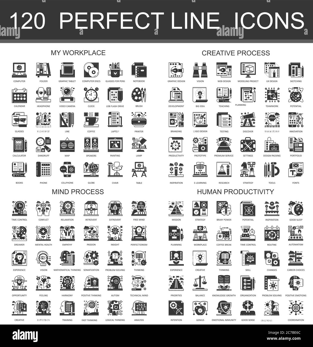 Mein Arbeitsplatz, kreativen Prozess, Geist Prozess menschliche Produktivität klassische schwarze Mini-Konzept Symbole. Vektor modernes Icon Piktogramm Illustrationen Set Stock Vektor
