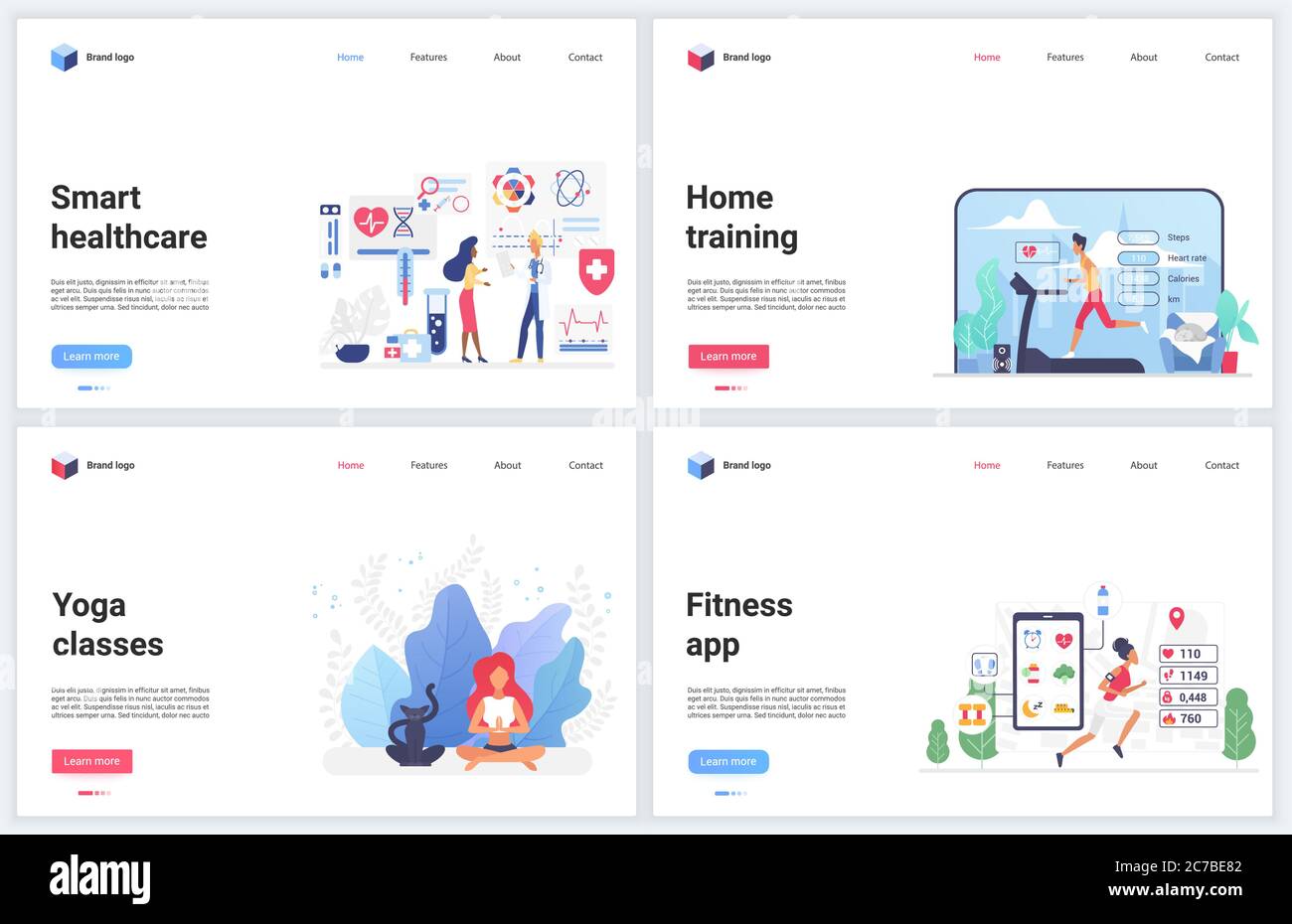 Online-Workout Home Training App Vektor Illustrationen. Cartoon flaches Design Template-Set, mobile Website-Schnittstelle für Gesundheits- oder Sport-Fitness-Anwendungen, gesunde Heim Yoga Praxis mit Trainer Stock Vektor