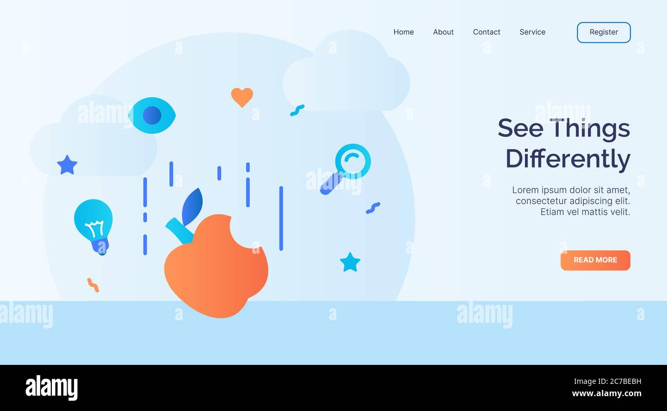 Sehen Sie die Dinge anders Apfel gebissen fallen Symbol Kampagne für Web-Website Startseite Landung Vorlage Banner mit Cartoon flachen Stil. Stock Vektor