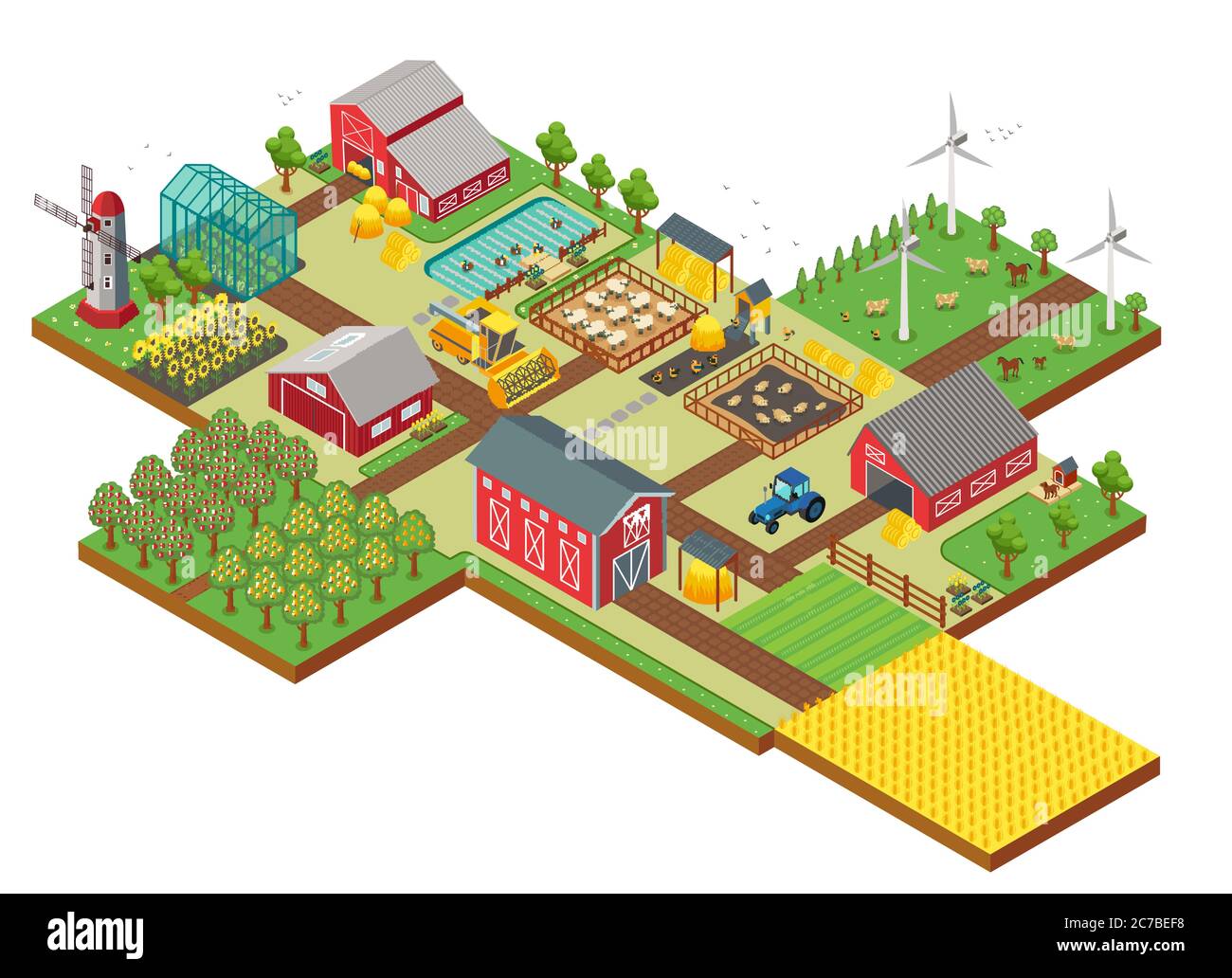 Vector isometrische ländlichen Bauernhof mit Mühle, Gartenfeld, Nutztiere, Bäume, Traktor Mähdrescher, Haus, Windmühle und Lager für App und Spiel Stock Vektor