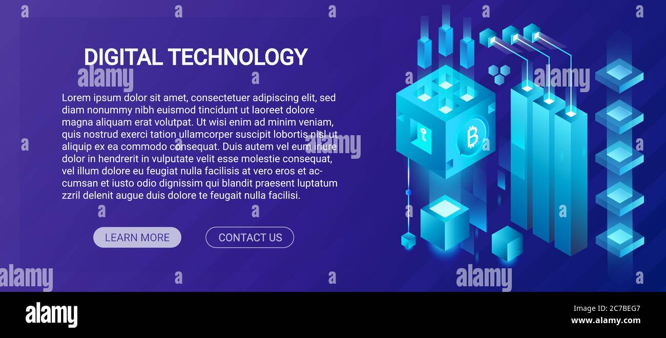 Hosting-Service, Big Data Center, Kryptowährung und Blockchain isometrische Zusammensetzung Banner Template Konzept, Mining Krypto-Farm Vektor Illustration Stock Vektor