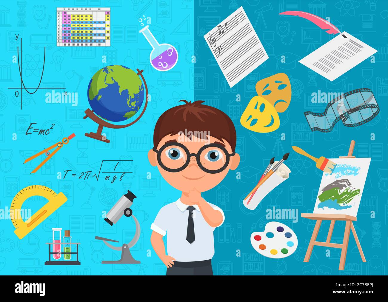 Flacher Stil der fleißigen Schuljunge Charakter in Brille mit verschiedenen Symbolen der Schule Themen auf blauem Hintergrund umgeben Stock Vektor
