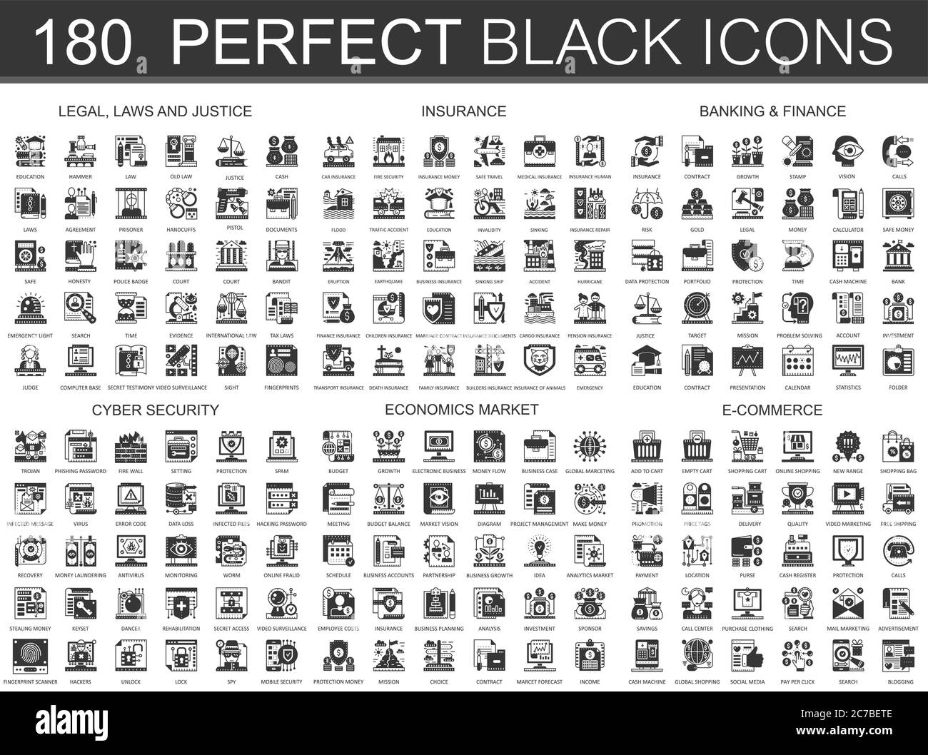 180 Recht, Gesetze und Justiz, Versicherung, Bankfinanzierung, Cyber-Sicherheit, Wirtschaft Markt, E-Commerce-Icons klassischen schwarzen Mini-Konzept Symbole. Vektor modernes Icon Piktogramm Illustrationen Set Stock Vektor