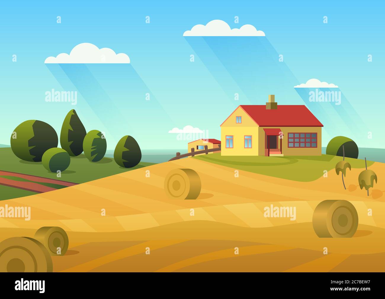 Bunte Vektor-Illustration von Bauernhaus in der Landschaft mit goldenen Heuhaufen und blauen Himmel Stock Vektor