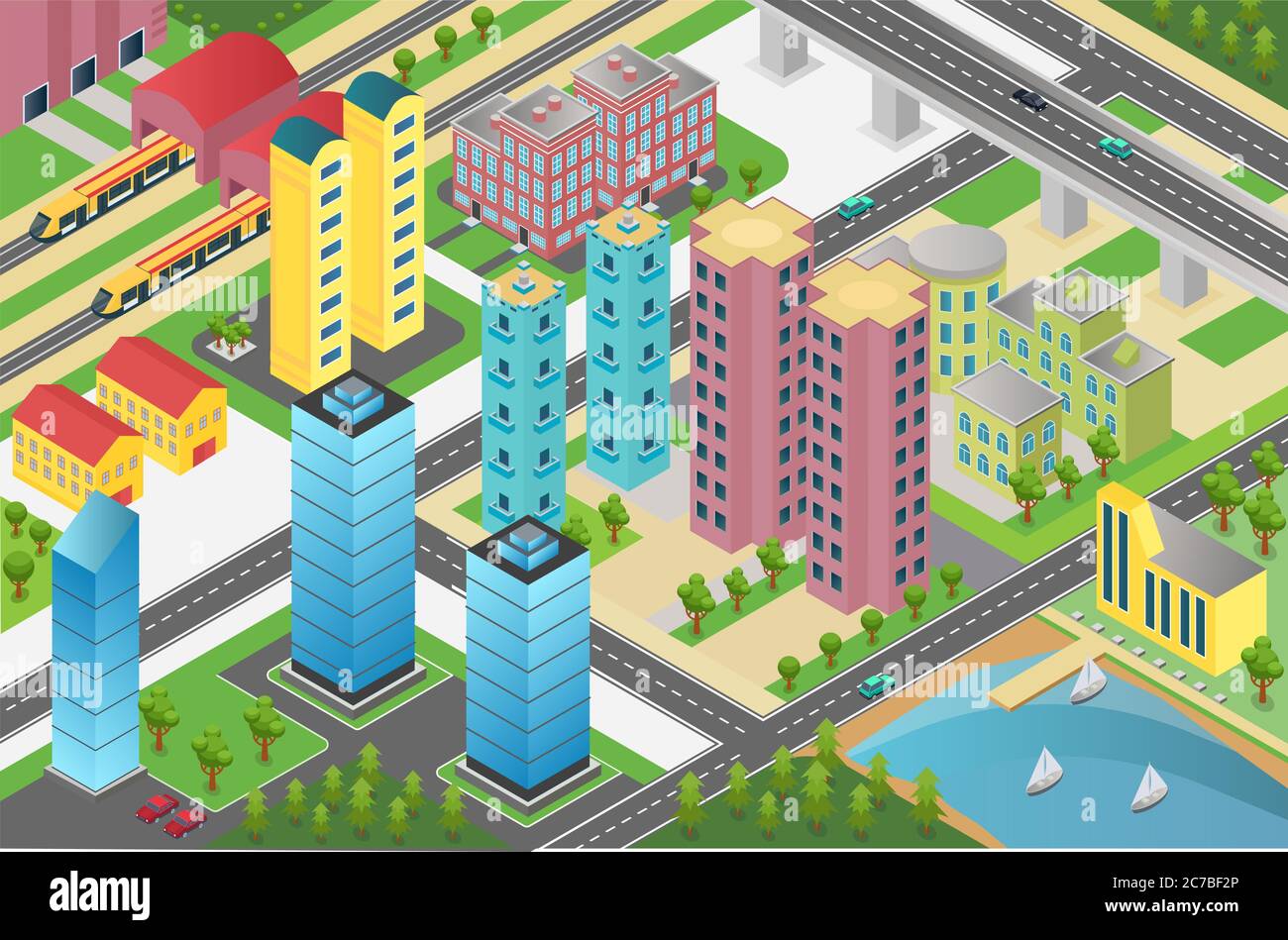 Isometrische Gestaltung des Stadtteils mit Wohngebäuden und Einrichtungen auf der Karte Stock Vektor