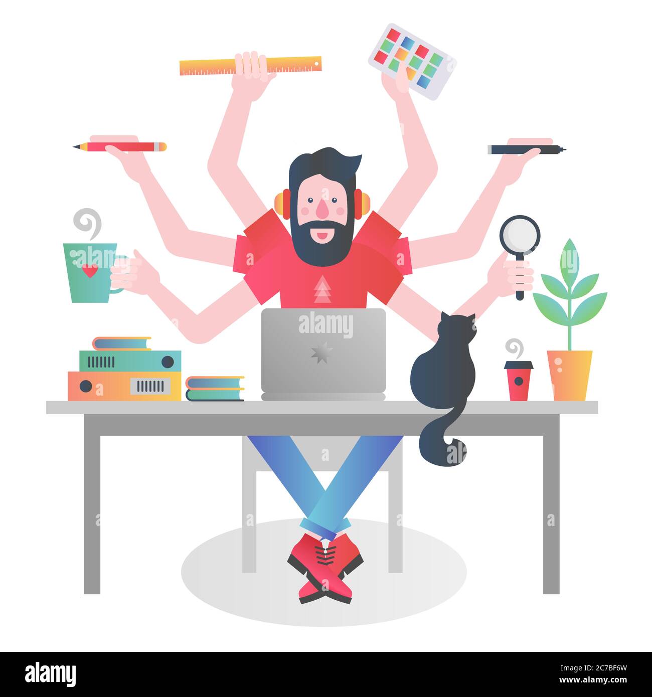 Farbenfroher Charakter des Mannes mit vielen Händen halten verschiedene Dinge und Verwaltung der Zeit, während am Tisch mit Laptop arbeiten Stock Vektor