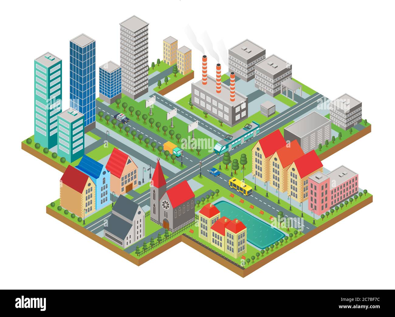 3d isometrische dreidimensionale moderne Stadtansicht. Stadt mit Straßen, Wolkenkratzern, Zivilgebäuden und Verkehr Stock Vektor