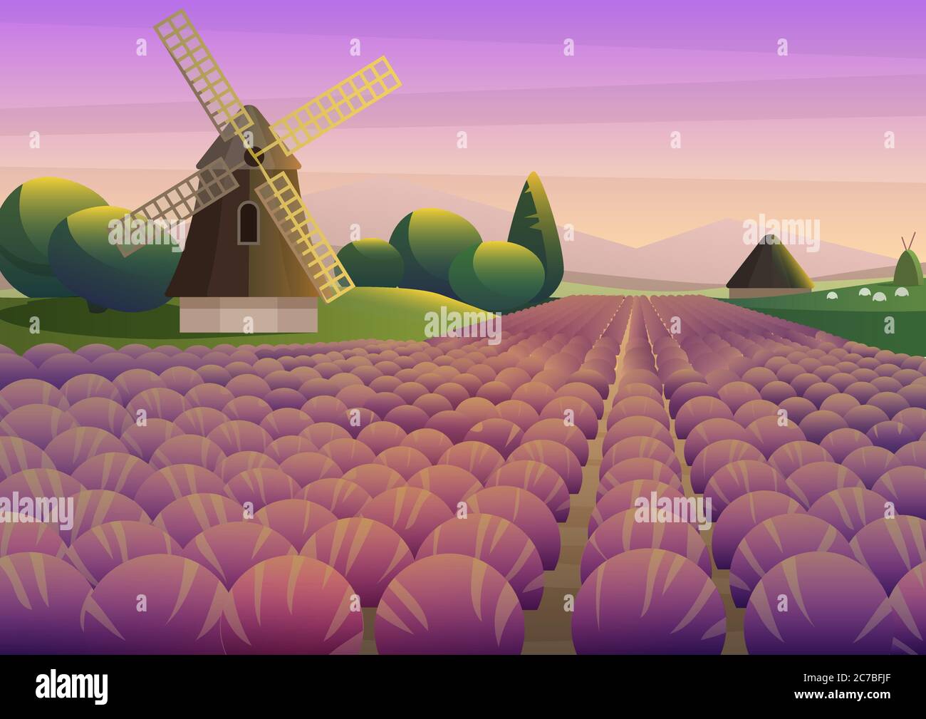 Bunte Illustration mit lila Lavendel Feld mit alten Windmühle auf dem Hintergrund des Sonnenuntergangs Himmel Stock Vektor