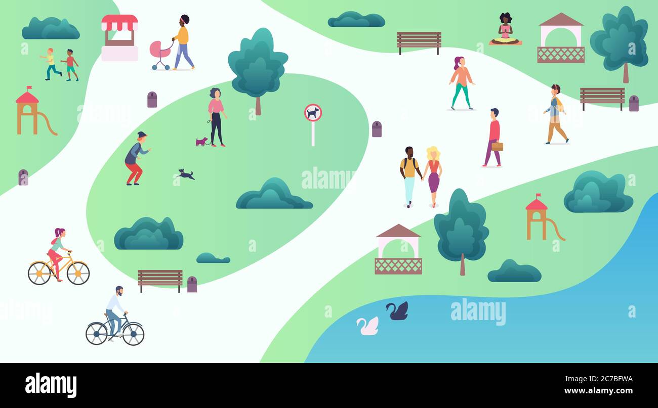 Top-Kartenansicht von verschiedenen Menschen im Park Wandern und Durchführung von Freizeit-Outdoor-Sport-Aktivitäten. Stadtpark Vektordarstellung Stock Vektor