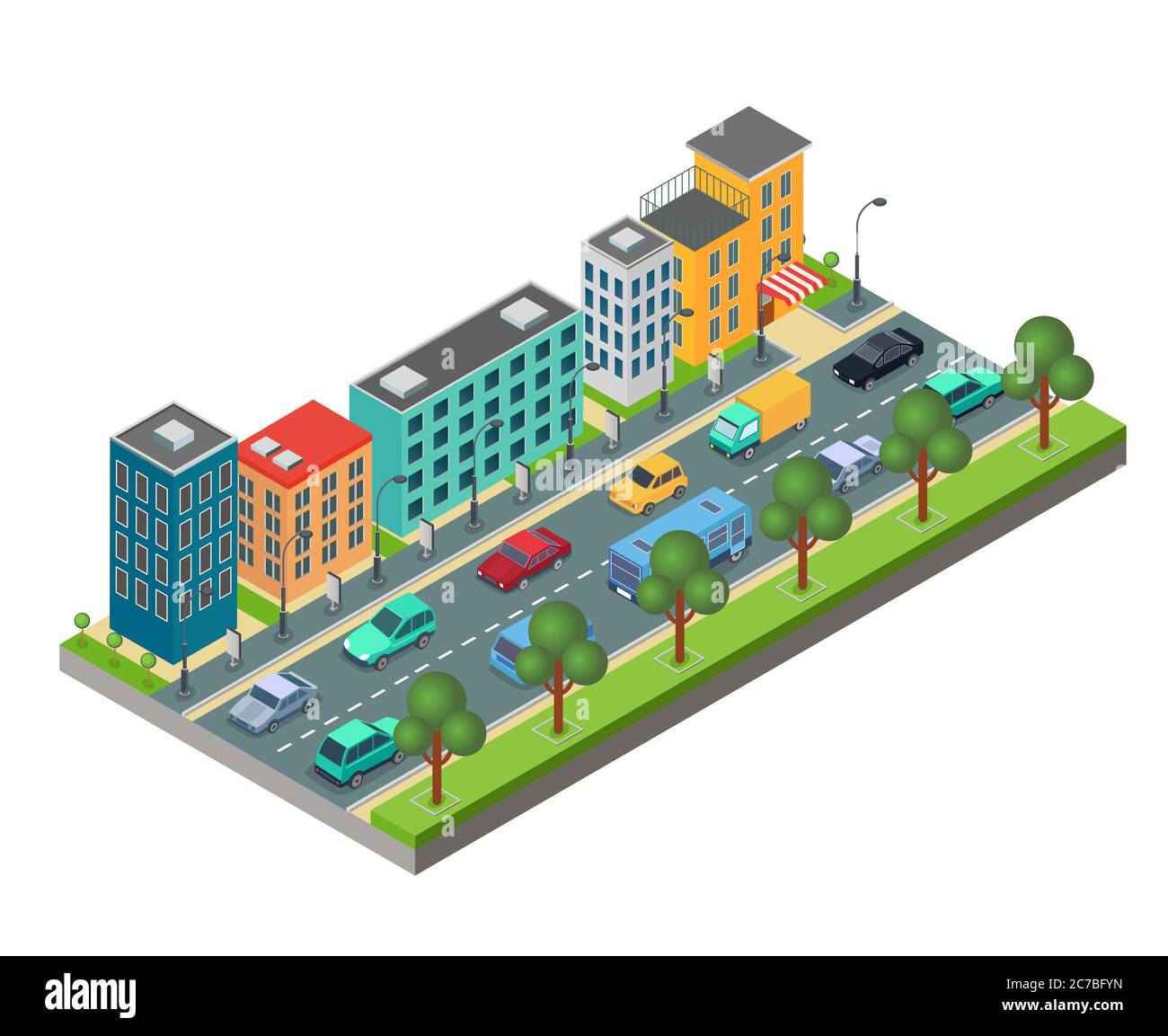 Isometrisches Element der Stadtstraße mit Gebäuden und Autos im Stau isoliert auf weißem Hintergrund Stock Vektor
