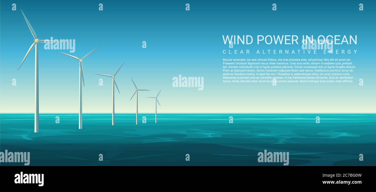 Vektor Windenergie-Konzept Poster Header mit Windkraftanlagen im Ozean Stock Vektor