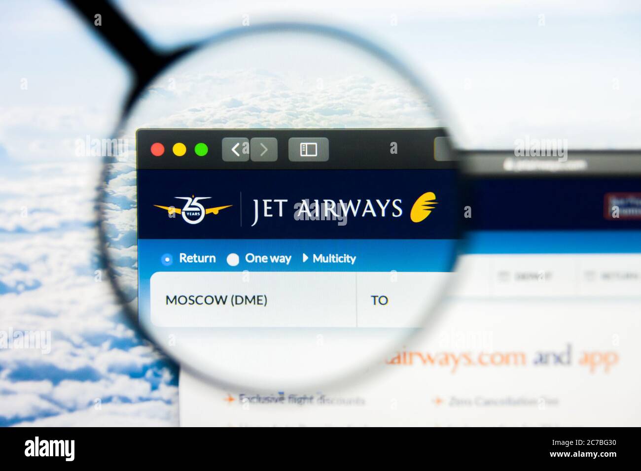 Los Angeles, Kalifornien, USA - 21. März 2019: Illustrative Editorial der Jet Airways Website Homepage. Jet Airways Logo auf dem Display sichtbar. Stockfoto