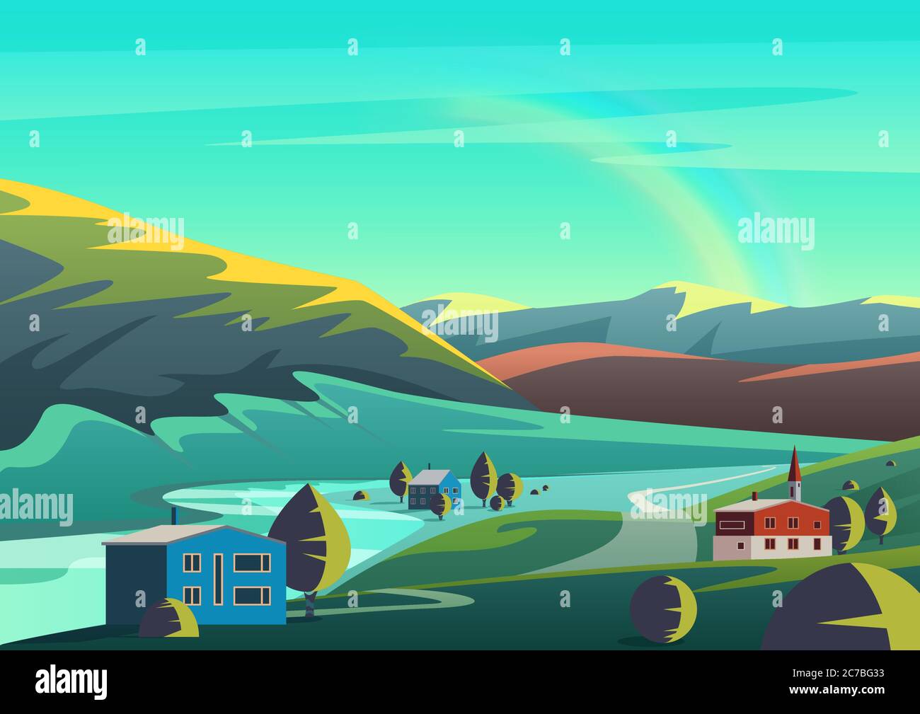 Bunte Vektor-Cartoon-Illustration mit wenigen Häusern Stadt auf Ländern der abgelegenen Tal mit Bergen und blauen Himmel platziert Stock Vektor