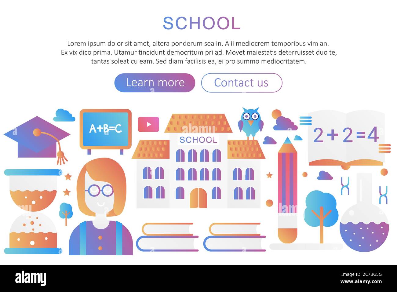 Panorama Vorlage Poster Hintergrund Konzept mit Schulgebäude und Lehrer moderne Gradienten Vektor Illustration Stock Vektor