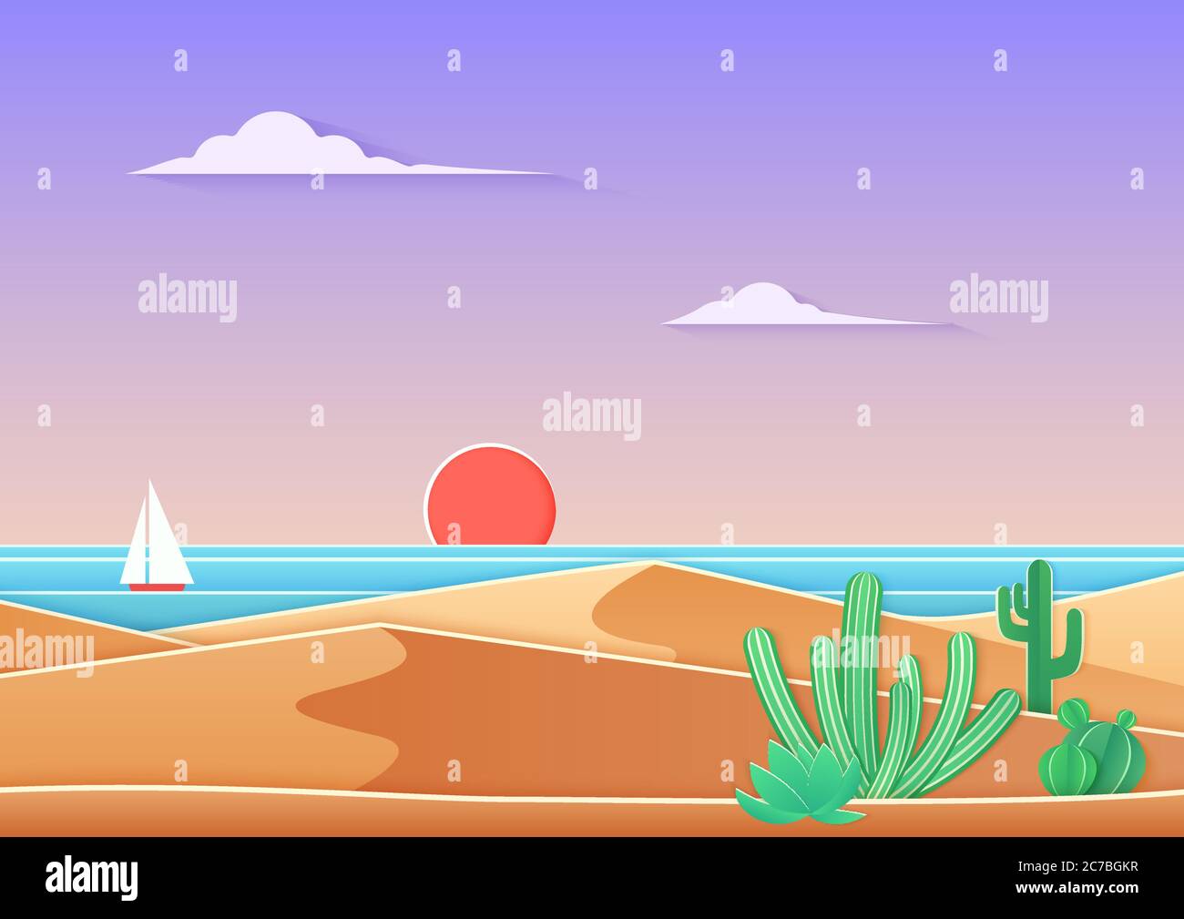 Kaktus in der Wüstenlandschaft mit Meer und Schiff im trendigen Gradienten-Papier-Kuvertierten Kunststil. Wüste nahe Ozean Sonnenuntergang Vektor-Illustration Stock Vektor