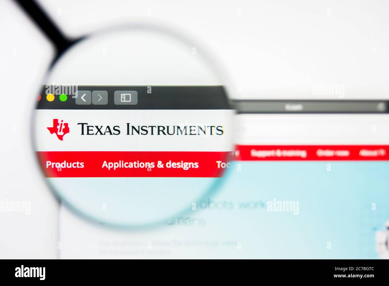 Los Angeles, Kalifornien, USA - 8. April 2019: Illustrative Editorial der Homepage von Texas Instruments. Texas Instruments Logo auf dem Display sichtbar Stockfoto