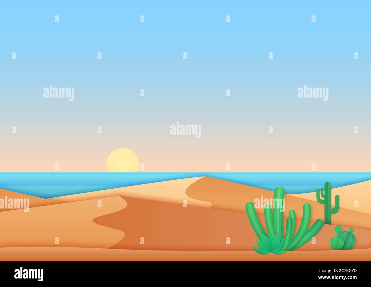 Flach einfaches Design der Wüste nahe Meer Meer Landschaft Vektor-Illustration Stock Vektor