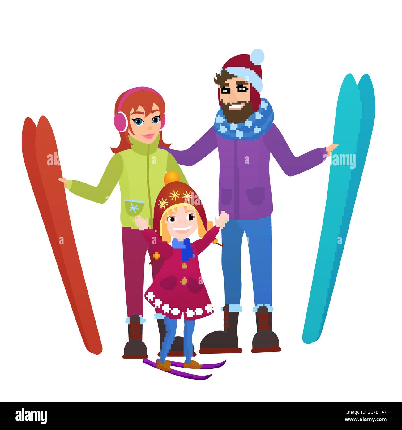 Eltern Skifahrer mit Tochter in Schneebergen. Familie Mann, Frau und Mädchen Winter Ski Freizeit Vektor Illustration Stock Vektor