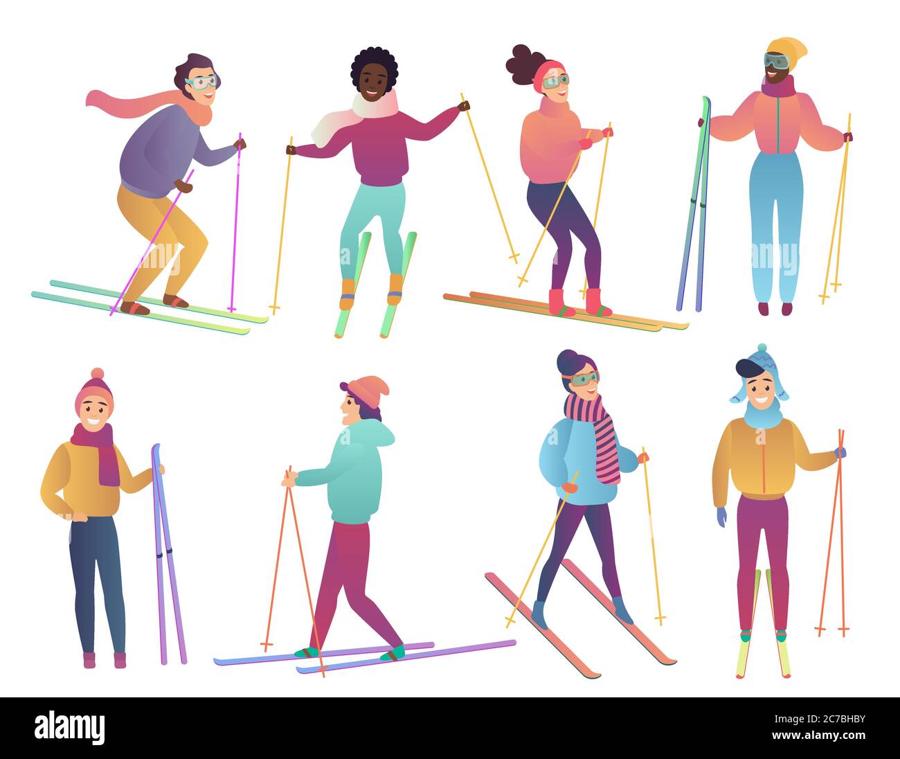Gruppe von niedlichen Cartoon Skifahrer. Leute Ski. Trendige Gradient flache Farbe Vektor Illustration Stock Vektor