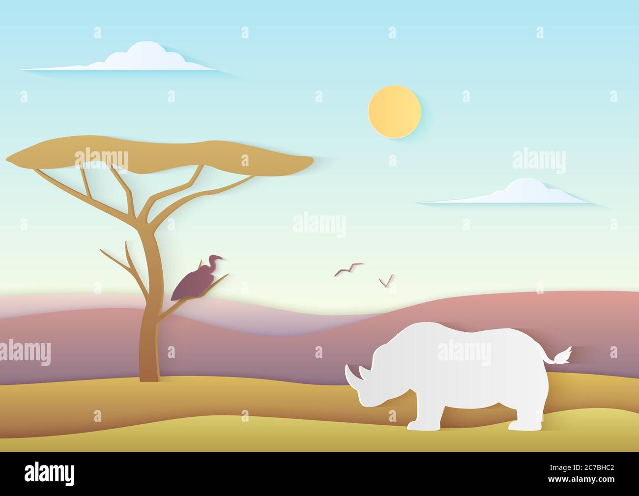 Afrikanische Vektorlandschaft mit Nashorn und Baum stehen mit Vogel in Savanne mit Bergen. Trendige Papier cuted Vektor-Illustration der Natur von afrika Stock Vektor
