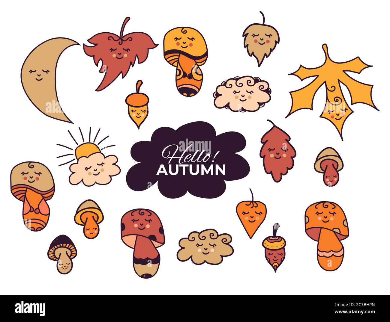 Vektor-Set von Herbstzeichnungen. Verschiedene dekorative, farbige Blätter und Pilze, Eichel, Mond und Wolken mit niedlichen Gesichtern und Augen geschlossen. Verwenden für Stock Vektor