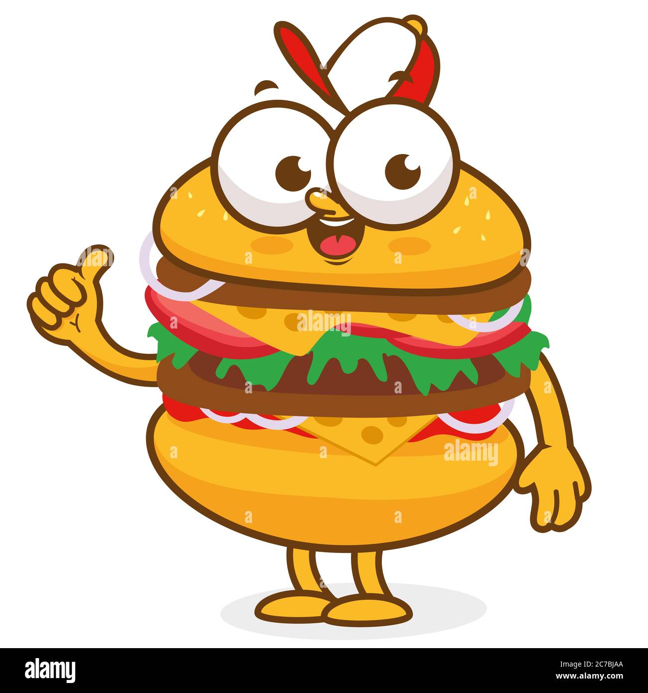 Cartoon Hamburger Maskottchen mit Hut. Fast Food Burger Charakter. Stockfoto