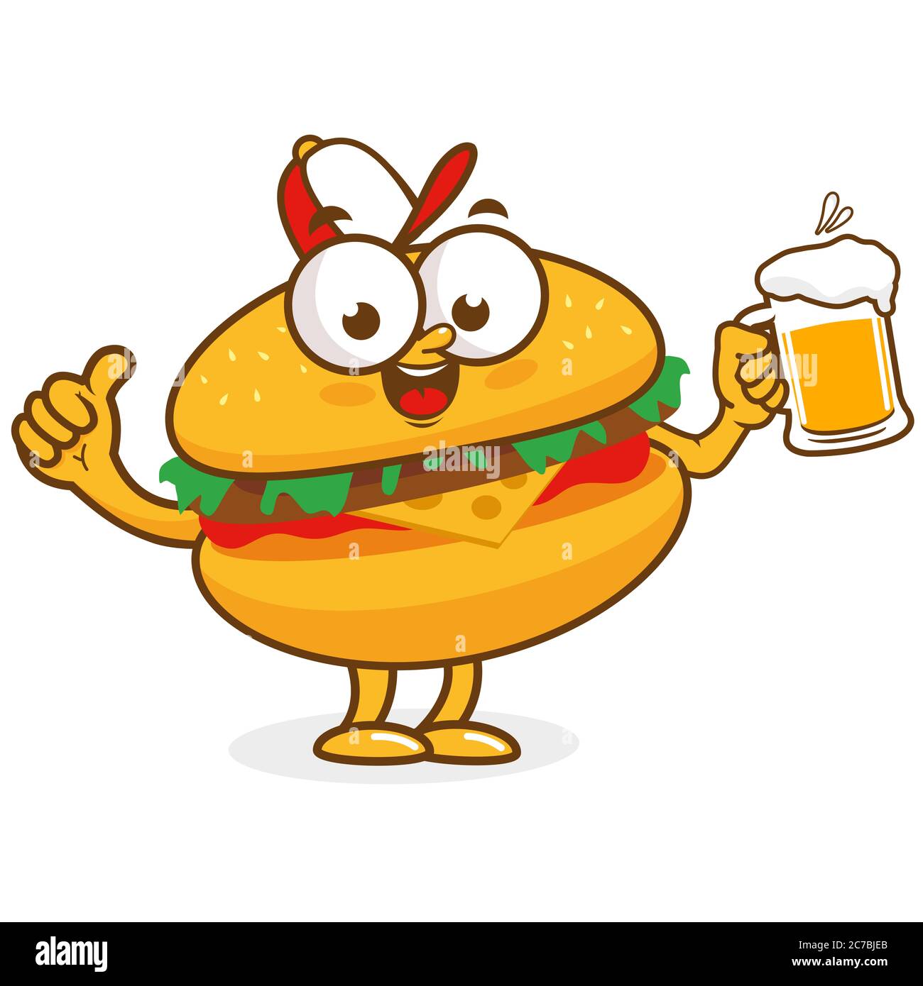 Hamburger Cartoonfigur trinkt ein kaltes Glas Bier. Fast Food Burger Charakter mit Getränk. Stockfoto