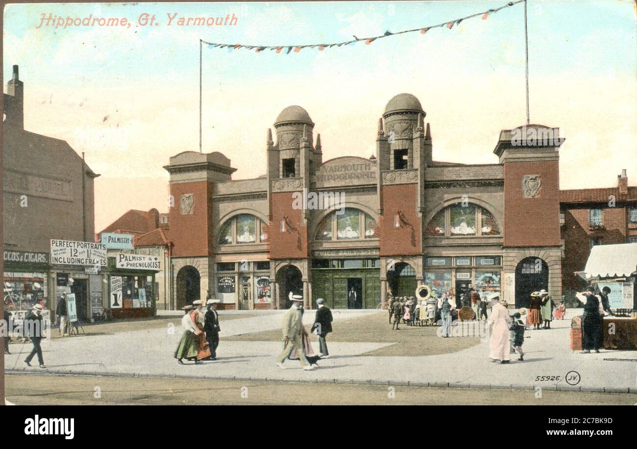 Postkarte des Jugendstils Hippodrome, Great Yarmouth, Norfolk um 1908 Stockfoto