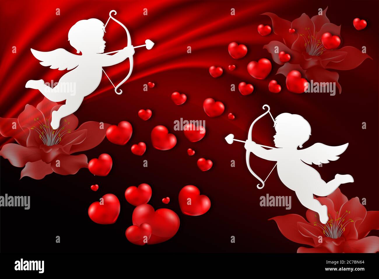 Zwei Cupids, Herzen, rote Textur. Valentinstag. Feier 3d Hintergrund. Stockfoto