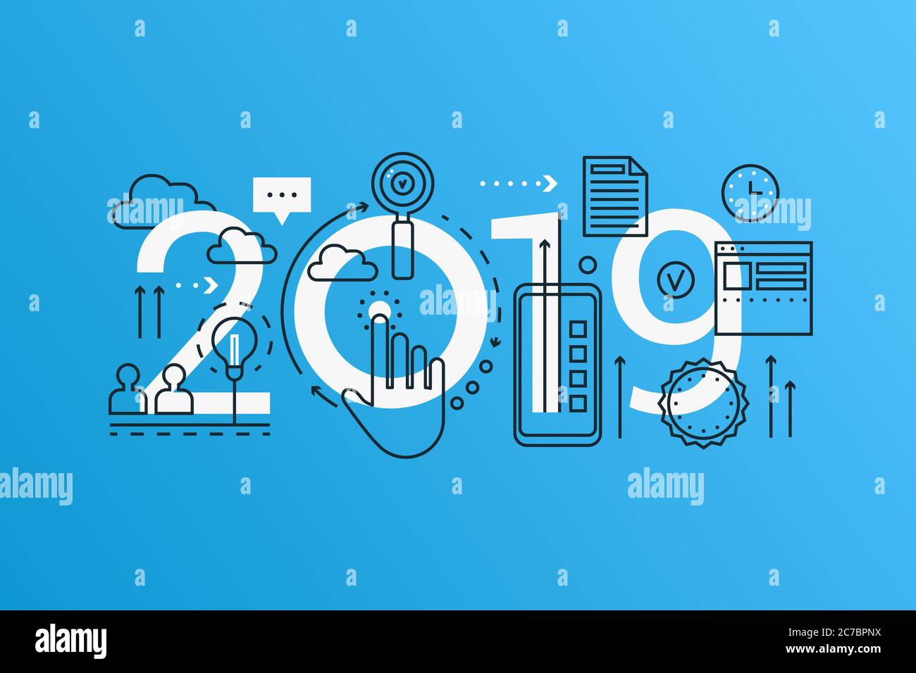 Innovation 2019 Wort trendy Komposition Konzept Banner. Skizzieren Sie die Schlaganfalllösung, die große Idee, Brainstorming und Analyse. Flache Linie Symbole Schrift Typografie Stock Vektor