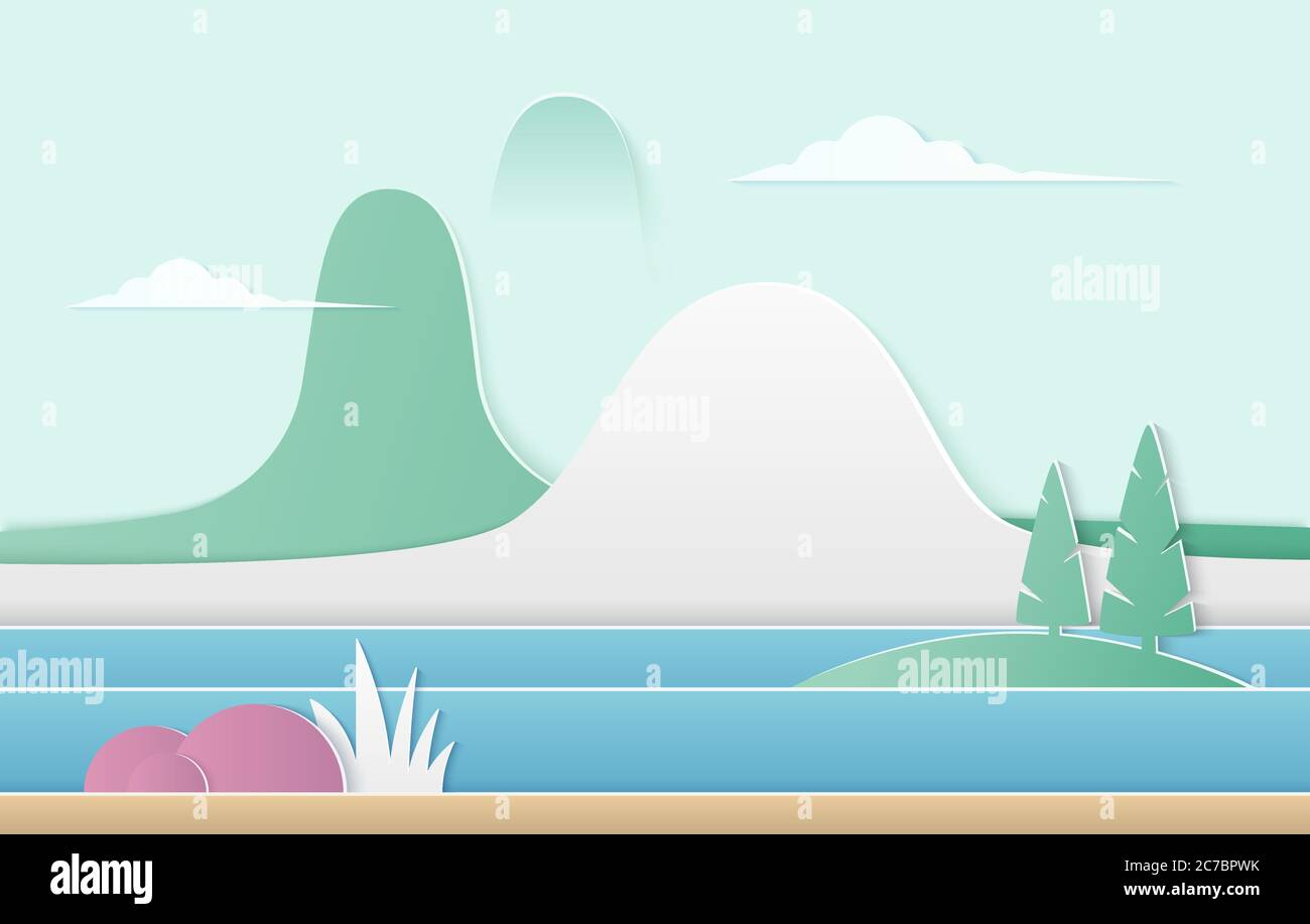 Vektor trendy Farbverlauf Natur Illustration. Berge mit Fluss, Pinien und Sträuchern Papier geschnitten Landschaft Stock Vektor