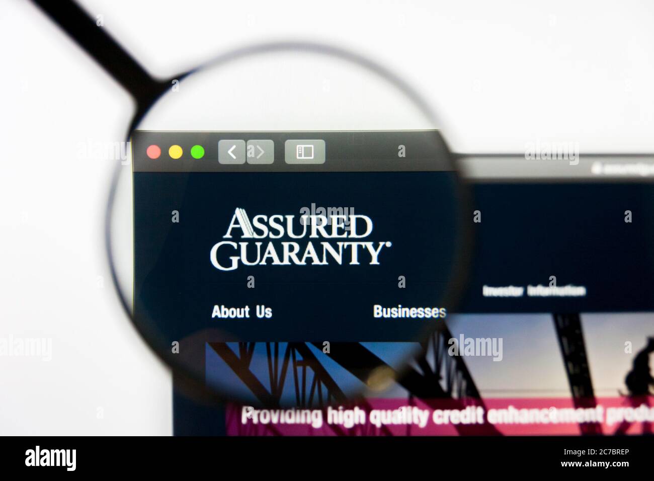 Los Angeles, Kalifornien, USA - 10. März 2019: Illustrative Editorial, Assured Guaranty Website Homepage. Assured Guaranty Logo auf dem Display sichtbar Stockfoto