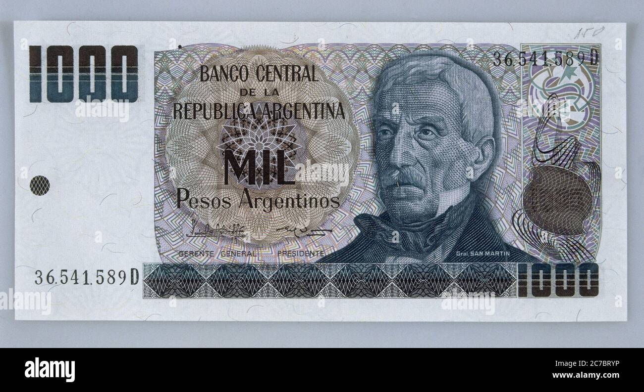 BILLETE DE MIL PESOS ARGENTINOS - ANVERSO. SAN MARTIN JOSE GENERAL. Stockfoto